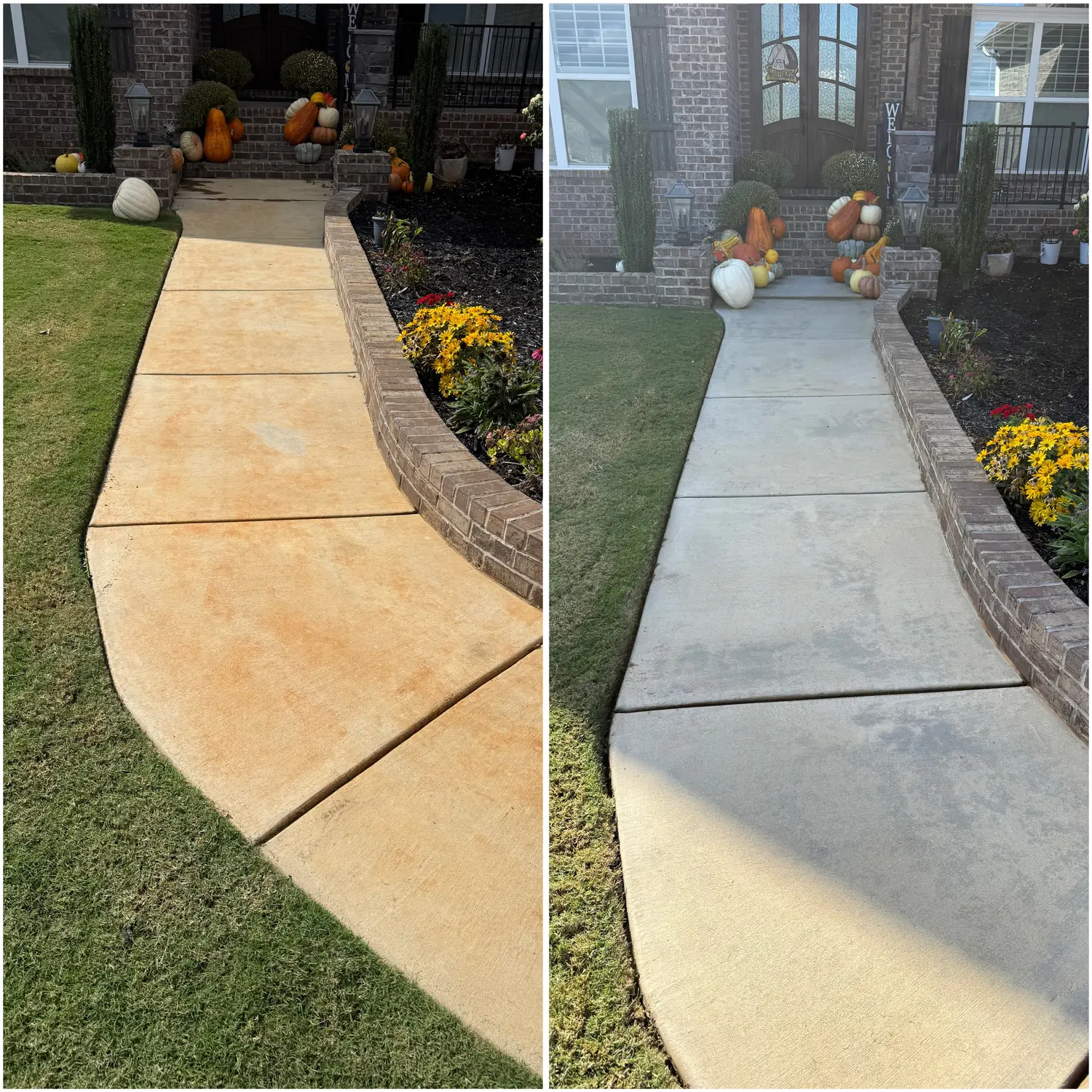 Before and after red clay removal from a curved concrete walkway in Huntsville AL