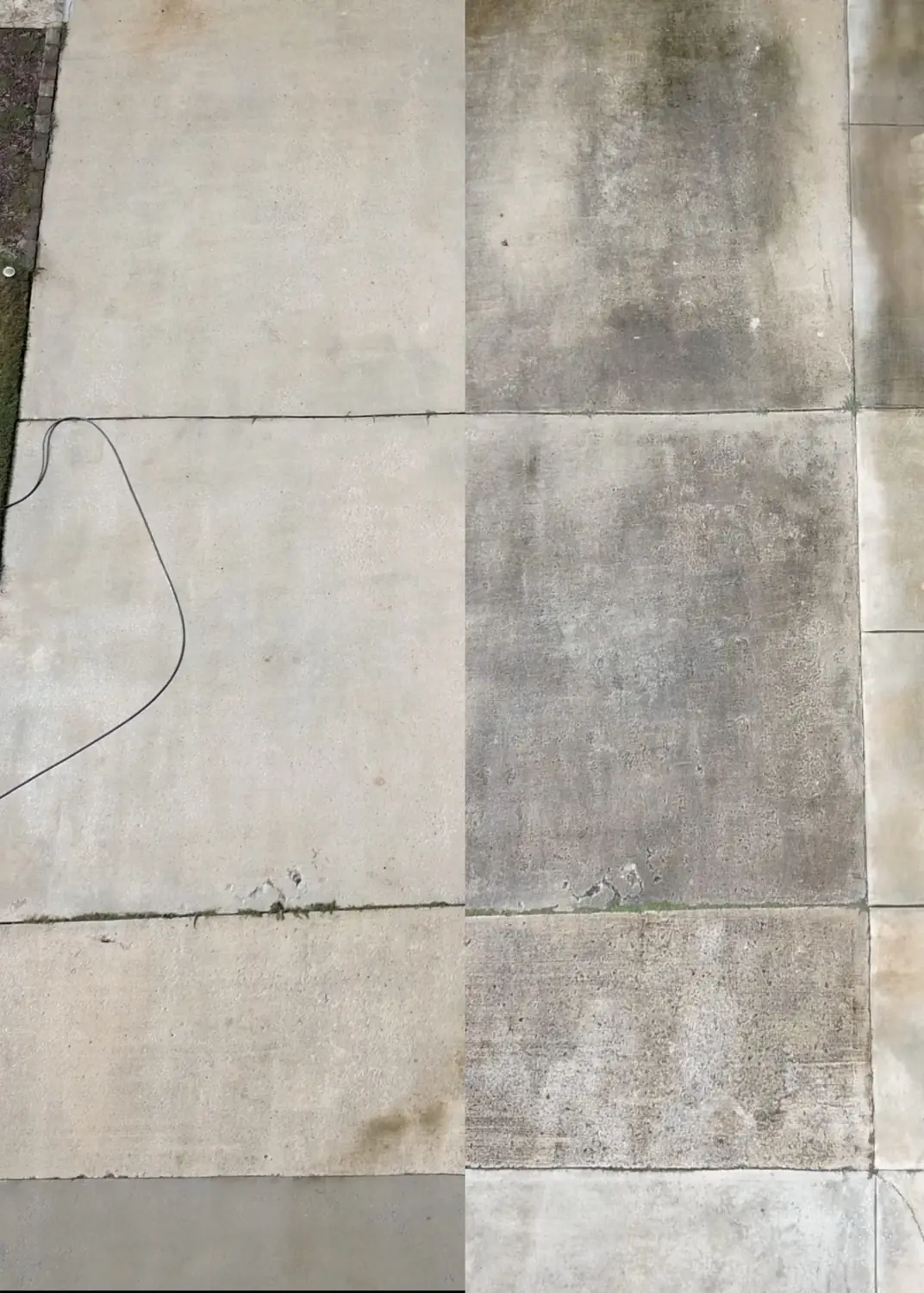 Before and after pressure washing a stained concrete driveway in Huntsville AL