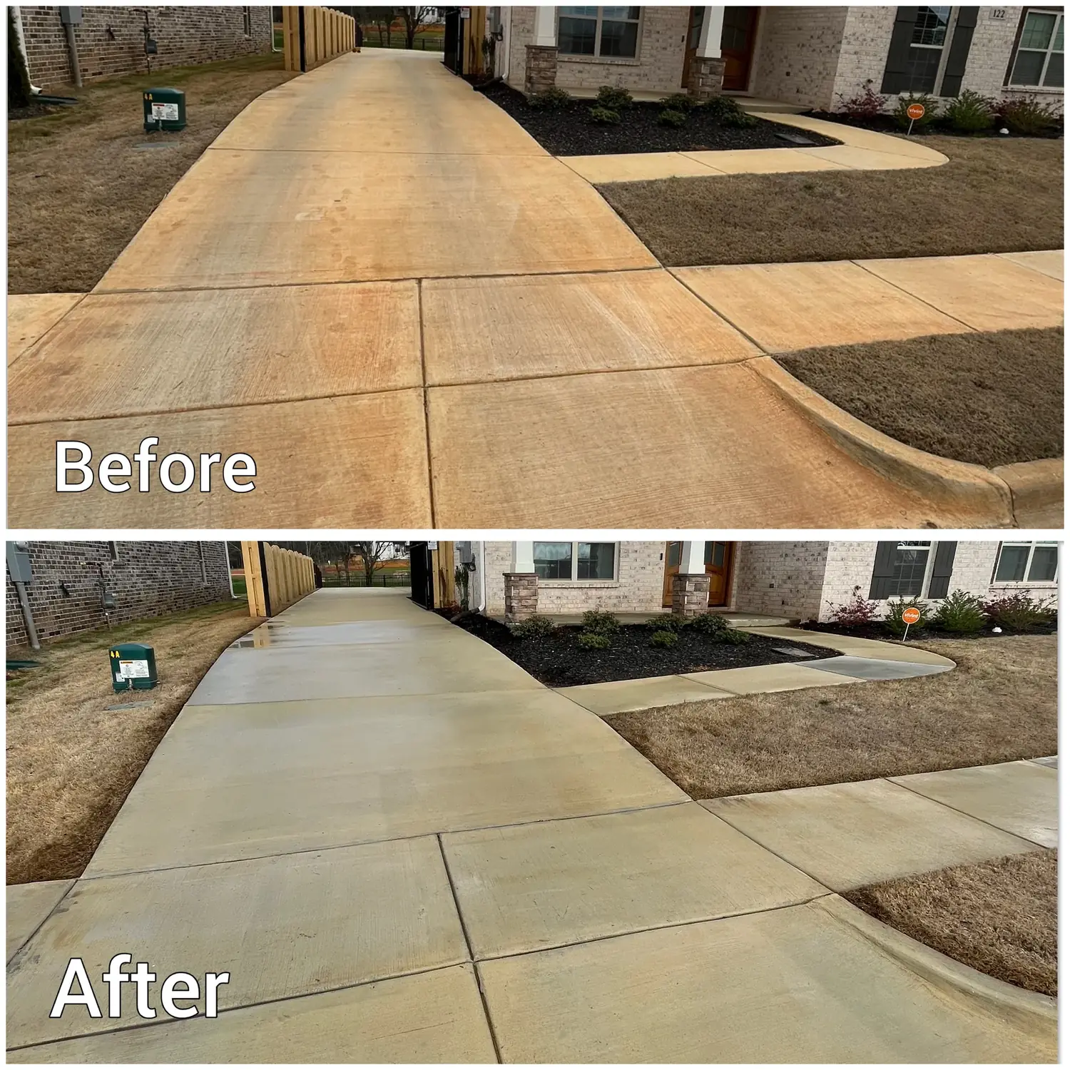 Before and after red clay removal from a concrete driveway in Huntsville AL
